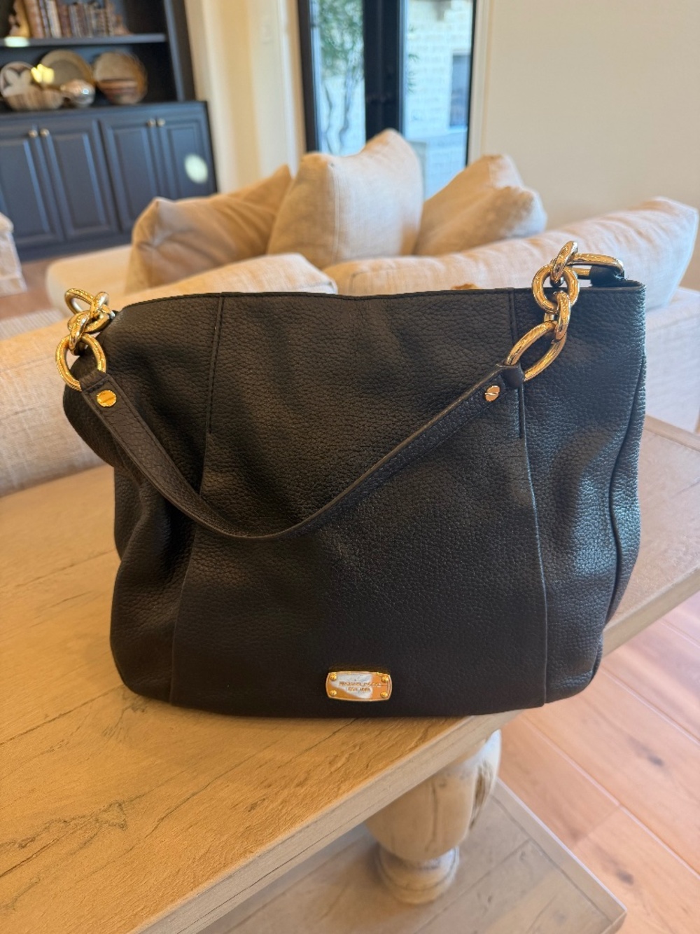 Michael Kors Black Pebbled Leather Zipper Pockets Chain Strap Hobo Shoulder Bag